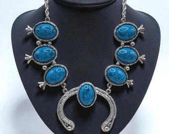 Western Boho Crystal Turquoise Squash Blossom Statement  display picture 1