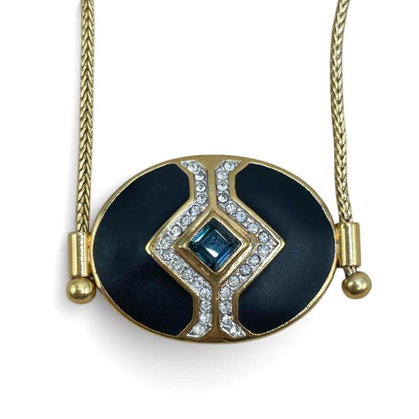 Vintage Swarovski Gold-tone Black Enamel Blue & White Crystal Pendant Choker Necklace