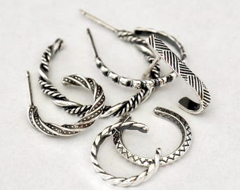 Single Sterling Silver Hoop Earrings with Oxidized Patterns