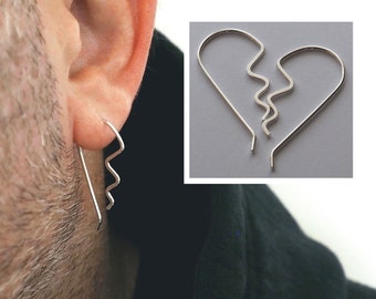 Heartbreaker Mens Dangle Earring, Sterling Silver Hoop, 19 gauge Threader Single Earring, Cool Unisex Heart Valentine Gift for Him or Her