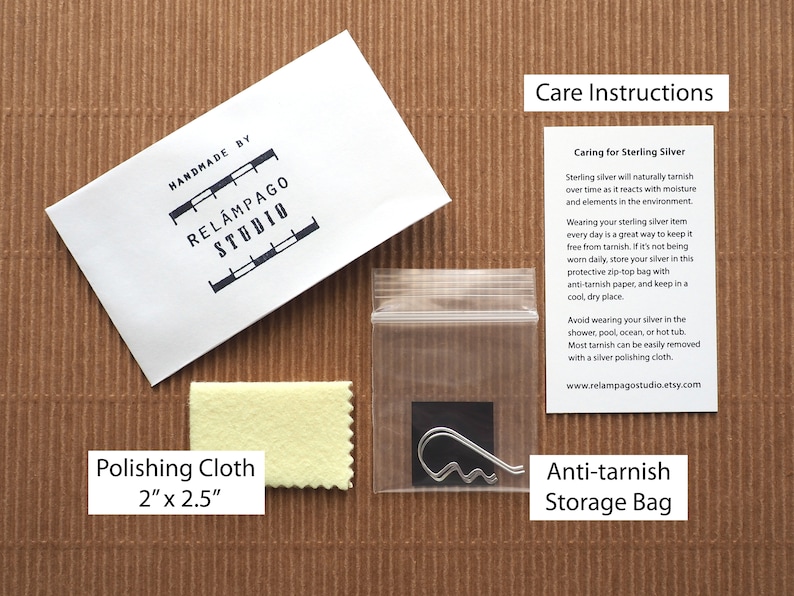 Standard packaging. The silver ear cuffs will be packaged in a reusable zip top poly bag with anti-tarnish strip. Care instructions and a small polishing cloth are included. All of this will be in a white envelope hand stamped with shop logo.