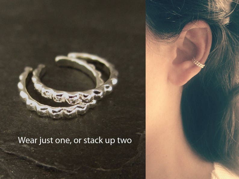 On the left is a pair of sterling silver ear cuffs. On the right a woman is shown wearing two ear cuffs on the same ear, one on top of the other, in a stack.