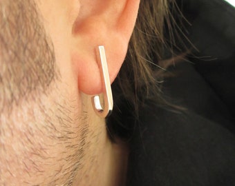 Sterling Silver J Hoop Mens Earrings: Long Chunky Statement Bar Stud Staple