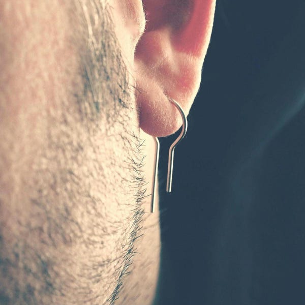 Mens Earrings Dangle, Sterling Silver Open Hoop, Long Threader Earring for Men