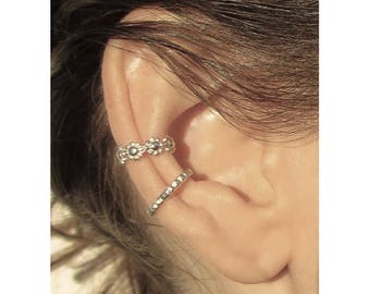 Dainty Ear Cuff Set, Sterling Silver Conch Cuff Earring Stack, Flower Earring Cuff for Unpierced Ears, Valentine Girlfriend Gift for Her