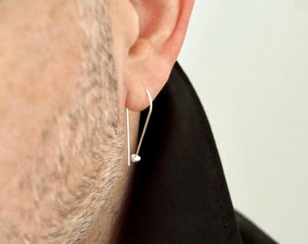 Sterling Silver Mens Earring Hoop, Long Dangle Loop Threader, Handmade Punk Ear Pin Nail