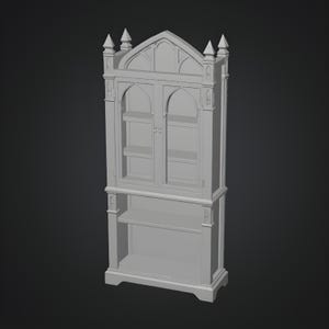 Gothic witch cabinet STL with open shelves for miniature potion and book display