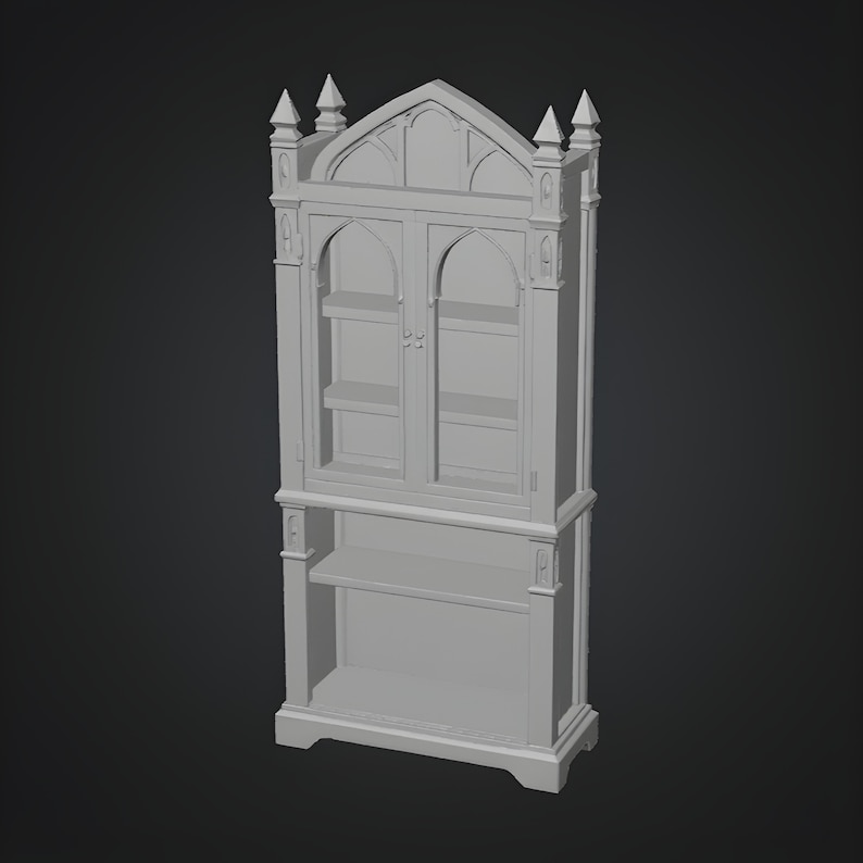 Gothic witch cabinet STL with open shelves for miniature potion and book display
