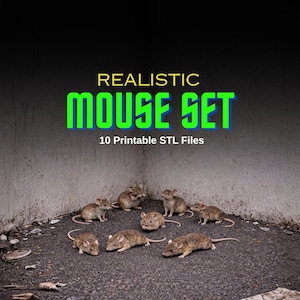 May include: A digital image showing a collection of realistic mice. The text "REALISTIC MOUSE SET" in green and blue is at the top, with "10 Printable STL Files" below. The mice are brown and grey, set against a dark, textured background.
