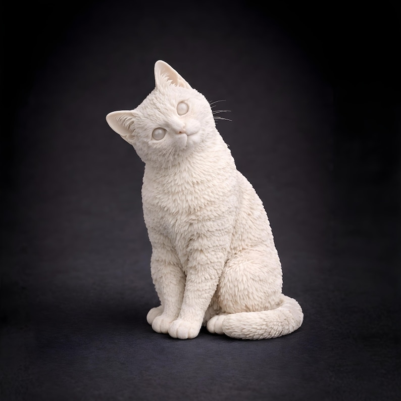 3D printable cat STL curious pose with head tilt, lifelike facial expression, detailed 3D cat model