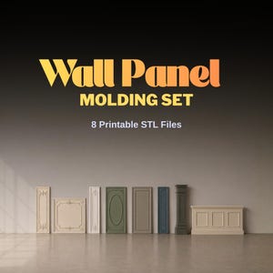 May include: An assortment of wall panel moulding designs in shades of beige, white, green, and blue. The text "Wall Panel MOLDING SET" is displayed in yellow and orange, with the text "8 Printable STL Files" below.
