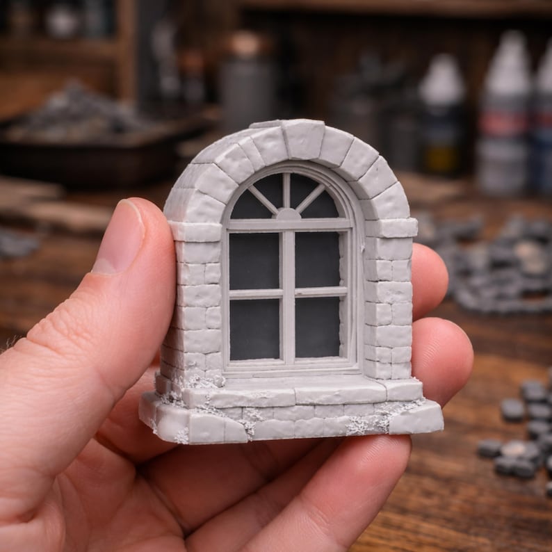 3D printable arched gothic window STL model, detailed miniature building accessory for fantasy tabletop or model scenery