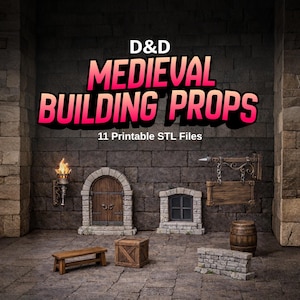 May include: A digital image showcasing medieval building props for tabletop gaming. The scene includes a wooden bench, crate, barrel, arched doorway, window, and a torch with a flame. The text "D&D Medieval Building Props" is displayed.