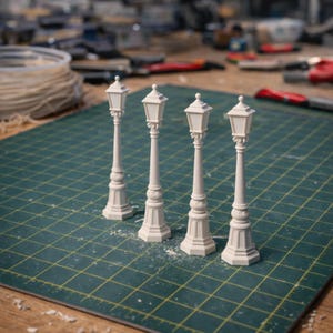 Set of vintage street lamp STL files, 3D printed urban props for diorama, miniature village scenery, or RPG world building