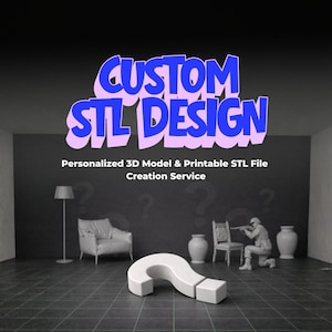 Custom STL design service banner featuring 3D printable question mark, personalized 3D modeling and STL file creation for miniatures and props