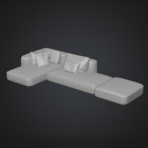 Extended modular armchair 3D STL files displayed as a wide and balanced seating configuration, featuring smooth upholstery surfaces and generously proportioned cushions. This printable digital model is designed for modern interior visualization, architectural scenes, miniature environments and custom 3D printed furniture projects requiring flexible seating layouts.