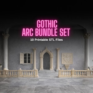 Może przedstawiać: Cyfrowy wydruk artystyczny przedstawiający zestaw Gothic Arc Bundle. Obraz przedstawia gotycką scenę architektoniczną z kolumnami, łukami i dekoracyjnym panelem ściennym. Tekst brzmi "Gothic Arc Bundle Set" i "10 plików STL do wydruku."