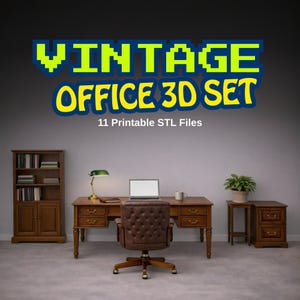 Puede incluir: Una representación digital de un conjunto de oficina vintage, que incluye un escritorio, una silla, una estantería y una mesa auxiliar. El escritorio tiene un portátil, una lámpara y una taza. El texto "VINTAGE OFFICE 3D SET" se muestra en fuente pixelada.