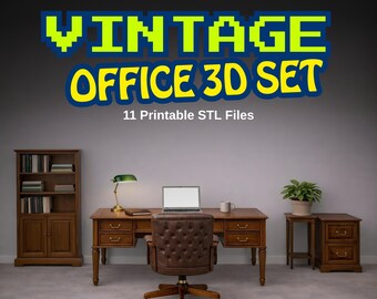 May include: A digital rendering of a vintage office set, including a desk, chair, bookcase, and side table. The desk has a laptop, lamp, and mug. The text "VINTAGE OFFICE 3D SET" is displayed in pixelated font, with "11 Printable STL Files" below.