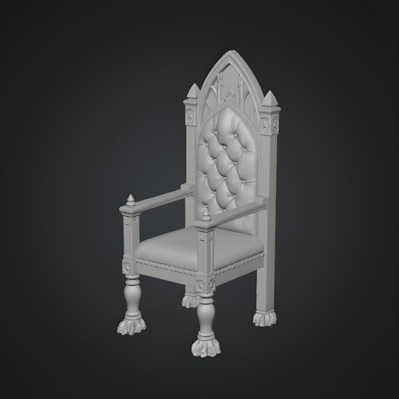 Gothic witch chair STL with high back and carved details for miniature dollhouse scene