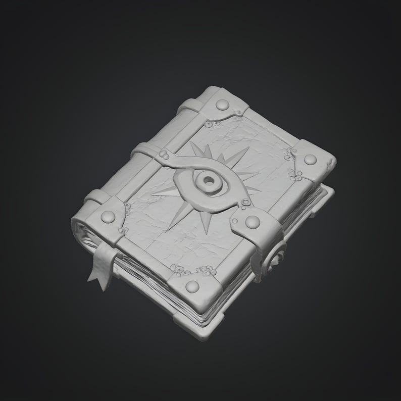 Gothic spell book STL with embossed cover details for miniature witch library