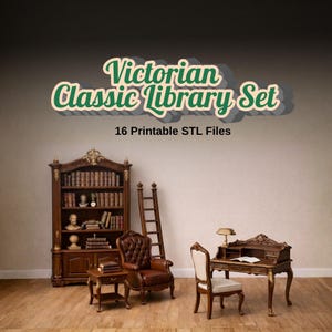 Può includere: Un set di libreria classica vittoriana con 16 file STL stampabili. L'immagine mostra una scena di biblioteca in miniatura dettagliata con una libreria, una scrivania, una sedia e una poltrona. L'arredamento è in legno scuro con intagli intricati.