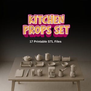 Può includere: Una collezione di oggetti di scena da cucina in miniatura, tra cui una teiera, un tostapane, un frullatore e altro, disposti su un tavolo. L'immagine presenta il testo "KITCHEN PROPS SET" e "17 Printable STL Files". Gli oggetti di scena sono tutti di colore neutro.