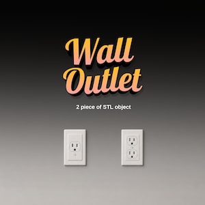 Puede incluir: Dos enchufes de pared eléctricos blancos están montados en una pared gris. El texto "Wall Outlet" en naranja y amarillo está encima de los enchufes, con el texto "2 piece of STL object" debajo.