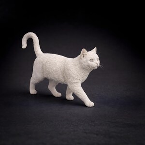 3D printable cat STL model walking pose with raised tail, realistic fur details, digital 3D printing file