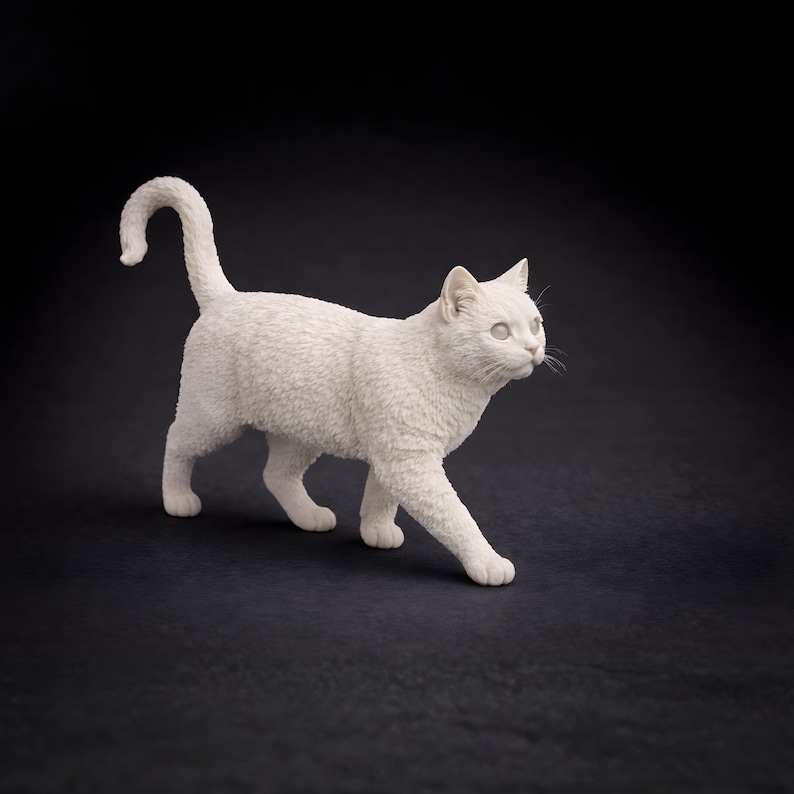 3D printable cat STL model walking pose with raised tail, realistic fur details, digital 3D printing file
