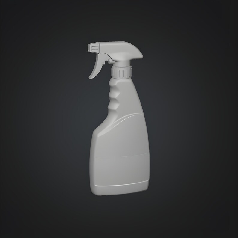 3D printable trigger spray container model with ergonomic handle design, suitable for miniature scenes, dioramas, product mockups, and scalable STL projects.
