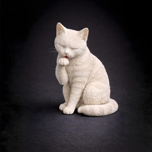 3D printable cat STL grooming pose licking paw, expressive cat figurine model for 3D printing
