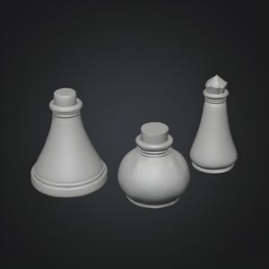 Miniature witch potion bottles STL set with three matte bottles in different shapes for dollhouse