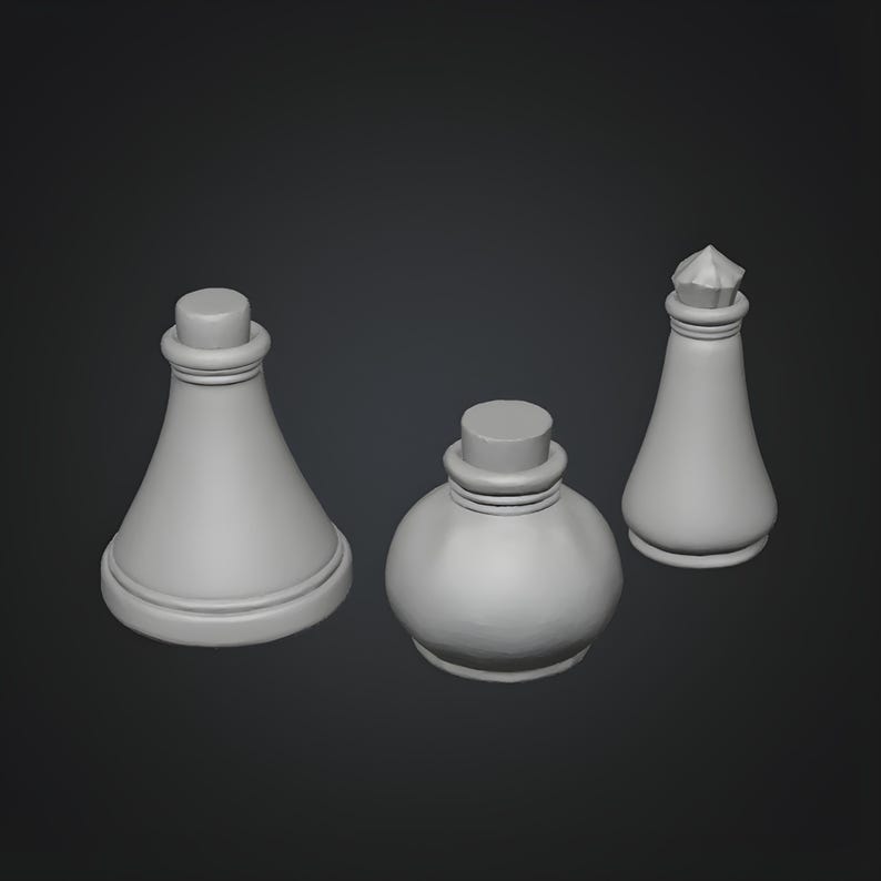 Miniature witch potion bottles STL set with three matte bottles in different shapes for dollhouse