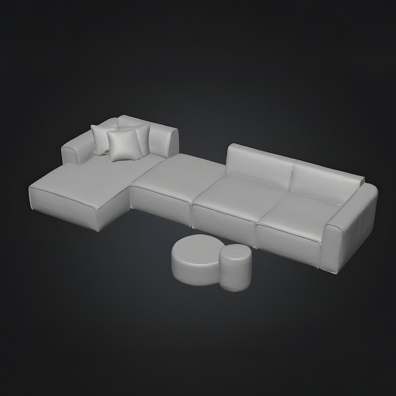 Contemporary corner armchair 3D STL model with extended chaise section, shown in a realistic fabric-like surface. This high-quality printable file supports interior renders, furniture prototyping, architectural scale models and digital staging projects. Designed for modern homes, minimal interiors and modular furniture collections used in visualization and 3D printing workflows.