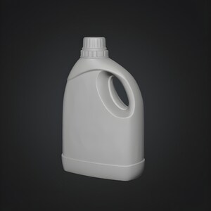 Plastic motor oil container with angled handle and wide base, industrial fluid jug design shown as realistic 3D STL model