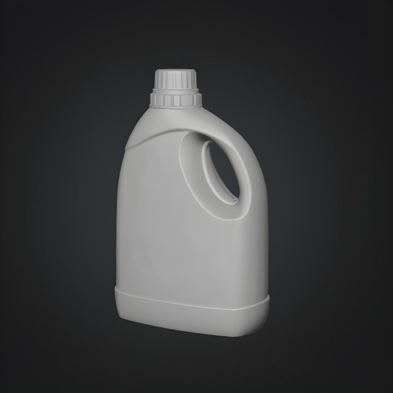 Plastic motor oil container with angled handle and wide base, industrial fluid jug design shown as realistic 3D STL model