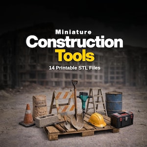 Peut inclure: Ensemble de mini-outils de construction, dont une pelle, un marteau-piqueur et un casque de chantier, disposés sur une palette en bois. L'image comprend un sac de béton, un cône de signalisation et une boîte à outils. Texte : "Miniature Construction Tools" et "14 Printable STL Files."