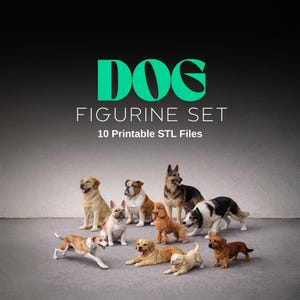 Könnte beinhalten: Eine Sammlung von zehn Hunde-Figuren verschiedener Rassen, darunter Labrador, Bulldogge und Deutscher Schäferhund. Das Wort "DOG" steht in großen, grünen Buchstaben über den Figuren, darunter der Text "FIGURINE SET" und "10 Printable STL Files".