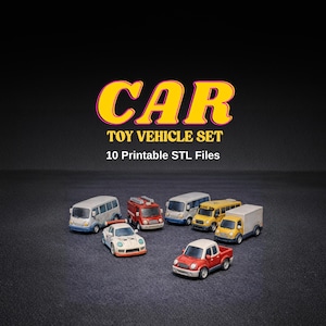 May include: A collection of toy vehicles, including a white van, a red fire truck, a white sports car, a yellow school bus, and a red pickup truck. The image includes the text "CAR TOY VEHICLE SET 10 Printable STL Files."