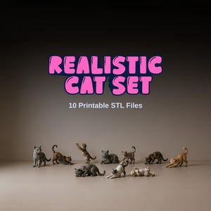 以下が含まれることがあります： さまざまなポーズの10匹のリアルな猫のフィギュアのセット。立っている、伸びをしている、くつろいでいるなど。ピンクのバブルレターで「REALISTIC CAT SET」というテキストがフィギュアの上にあり、その下に「10 Printable STL Files」というテキストがあります。