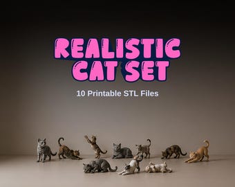 Realistic Cat STL Bundle, 10 Printable Animal Digital Models