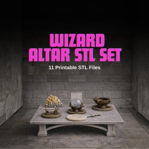 Pode incluir: Uma mesa de pedra cinza exibe um conjunto de altar de mago com vários itens. O conjunto inclui um castiçal, uma bola de cristal, uma tigela, uma pedra redonda e uma pequena adaga. O texto "WIZARD ALTAR STL SET" é exibido acima dos itens.