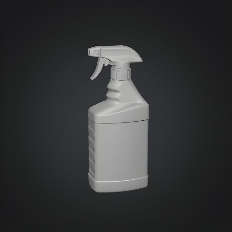 Ergonomic trigger spray container with curved grip, cleaning and industrial use spray bottle 3D STL render