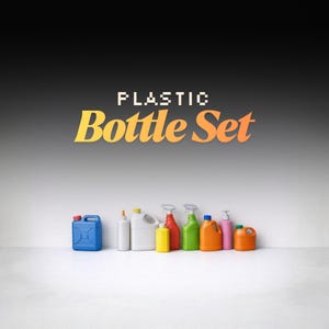 May include: A collection of plastic bottles in various shapes and colors, including blue, white, yellow, red, green, orange, and pink. The text "PLASTIC Bottle Set" is displayed above the bottles.