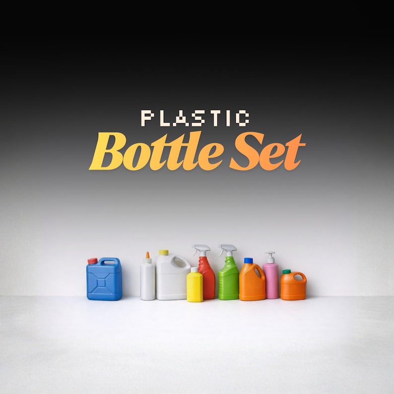 Plastic container STL collection featuring multiple household and industrial style designs, ideal for 3D printing, miniature environments, product visualization, and scalable digital models.