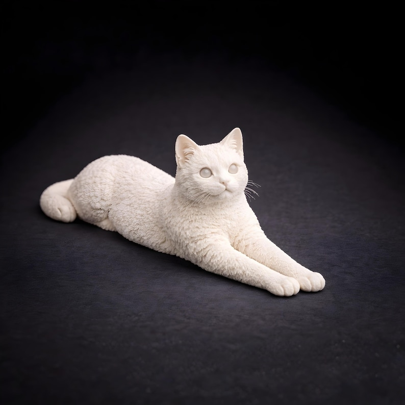 3D printable cat STL lying sphinx pose with front paws forward, detailed cat model for resin printing