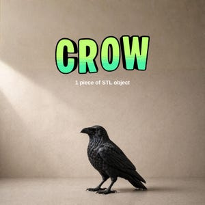 Puede incluir: Una figura de cuervo negro con texturas de plumas detalladas se alza sobre una superficie neutra. La palabra "CROW" se muestra en letras grandes, verdes y azules delineadas sobre el cuervo. El texto "1 piece of STL object" está debajo.