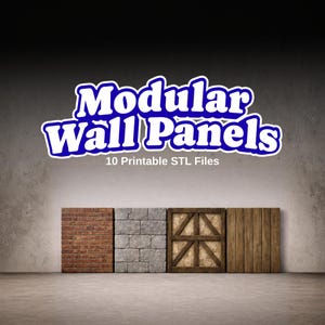 Peut inclure: L'image présente quatre modèles de panneaux muraux modulaires : brique, pierre, une caisse en bois et des planches de bois. Le texte "Modular Wall Panels" est en bleu et blanc, avec le texte "10 Printable STL Files" en dessous.