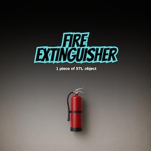 Può includere: Un estintore rosso con manico e base neri. Il testo "FIRE EXTINGUISHER" è visualizzato in blu e bianco sopra l'estintore, con il testo "1 piece of STL object" sotto.